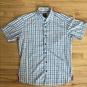 Men's Blue Green & White Checkered Button-Up Short Sleeve Collared Shirt
